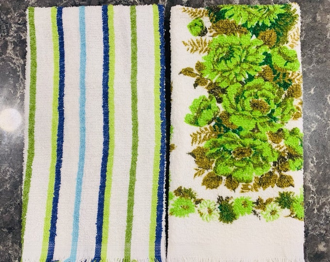 2 Vintage Retro Cannon Terrycloth Kitchen Tea Towels Fringed Green ...
