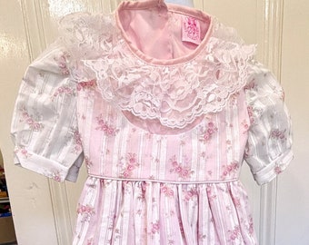 Vintage Miss Quality Pink Floral Dress With Lace - Measures About A Size 4? - No Tag -  Pink Roses With White Stripes - Pink Liner - Nice!