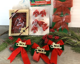Vintage Flocked Novelty Ornaments And Bows - Flocked Bird Ornaments - Flocked Mini Bows - Flocked Molded Bows - Vintage Christmas Novelties