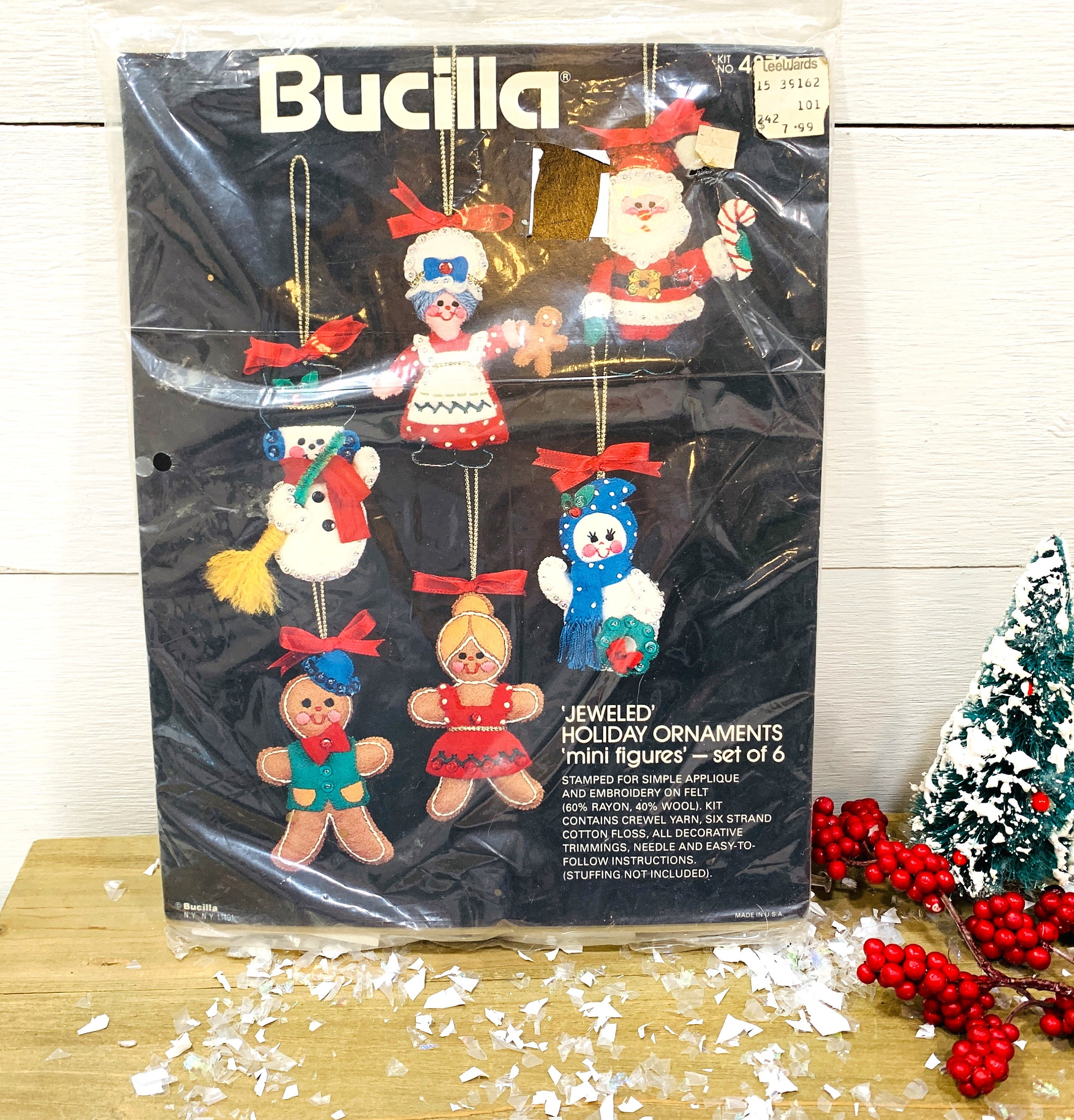 Vintage Bucilla Crafts Jeweled Holiday Ornaments Mini Figures Set of 6  Unopened Package-kit No. 48786 Gingerbread, Snowmen, Mr. Mrs. Claus 
