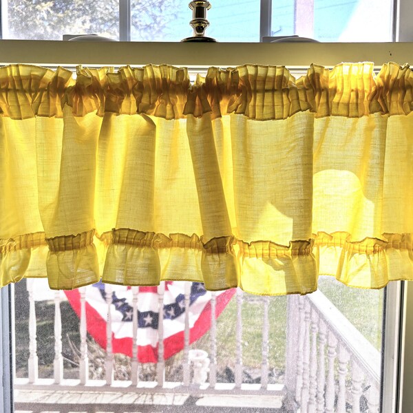 2 Vintage Sears Perma-Prest Valance Curtains Lemon Yellow Ruffled- 60" x 10 1/2" - Retro Yellow Kitchen Decor - 70's Kitchen/Bathroom