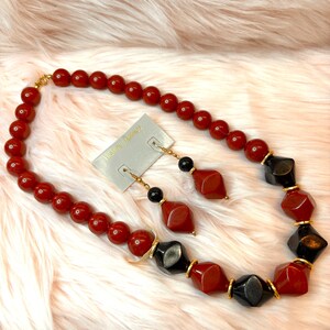 Vintage Hong Kong Beaded Necklace And Earring Set - Necklace -Wine And Black Beads With Gold Jump Rings - Earrings Are Wire- NOS