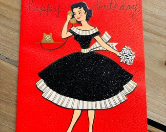 Original Vintage 50's Glitter Flocked Dressed Lady Birthday Card - Unused - Like New