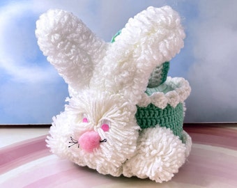 Vintage Easter Basket - Crochet Bunny Easter Basket - Googly Pink Eyes - Pom Poms - Handle - Vintage Handmade Easter Baskets, Easter Decor