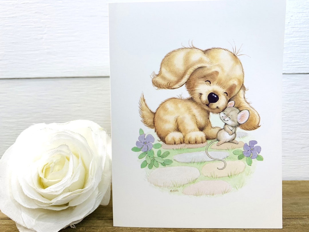 Vintage Blank Note Card Puppy and Mouse Ruth Morehead Puppy Toes