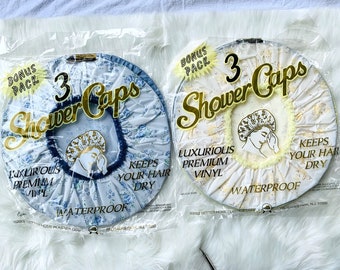 2 Vintage Retro NOS Luxurious Vinyl Shower Caps - Unopened Package - 3 Shower Caps Per Pack - Yellow And Blue