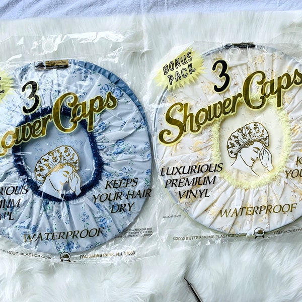 2 Vintage Retro NOS Luxurious Vinyl Shower Caps - Unopened Package - 3 Shower Caps Per Pack - Yellow And Blue