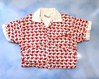 Vintage 50's Kids Terry Cloth Beach Jacket - Pauker - Red Fishes On White - Size 4 - Really Cute!!