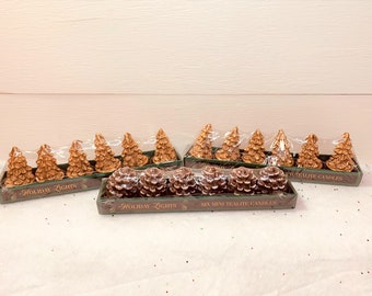 Vintage Holiday Lights Gold Pine Trees Or Pine Cones Mini Tea Light Candles Unopened Packs ~ 6 In Each Pack ~Holiday Table Candles Free Ship