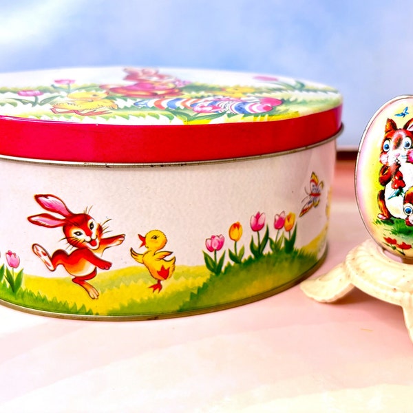 Vintage Easter Tin Litho Candy Containers  - The Tin Box Co.  - Boyer Egg Tin With Candy - Small - Bunnies, Baby Ducks, Spring Scenes