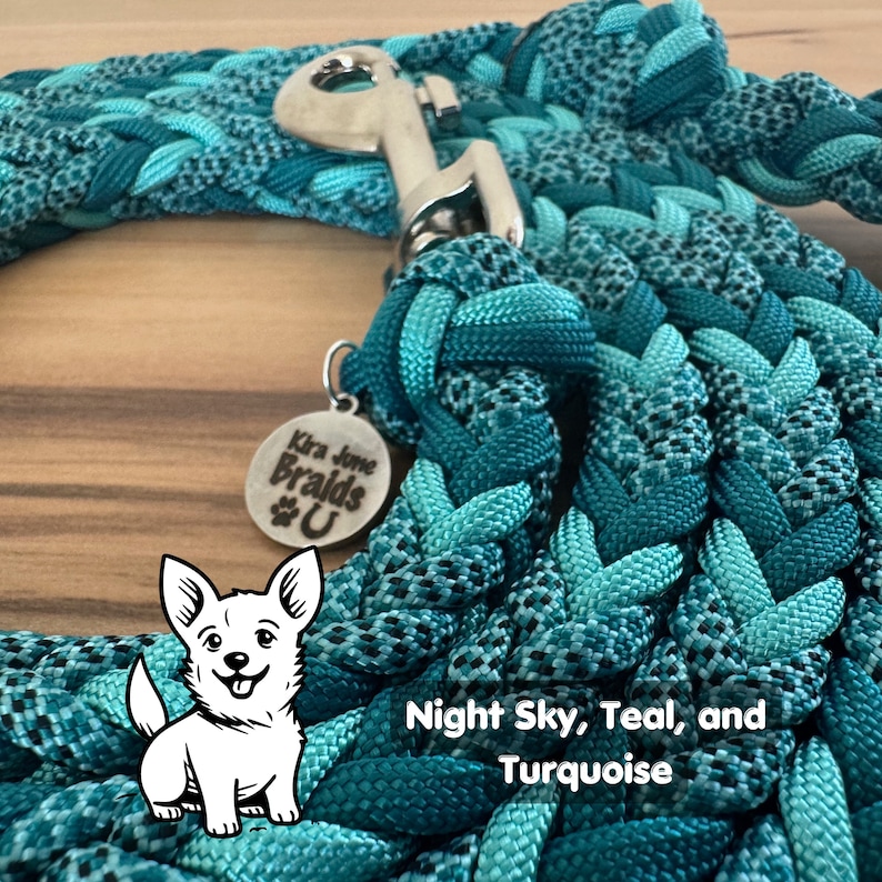 May include: A teal, turquoise, and dark blue braided dog leash with a silver clasp and a charm that says "Kira Jone Braids 4 U".