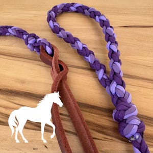 May include: A braided horse lead rope in shades of purple and lavender, with a brown leather strap. The image includes a white silhouette of a horse and the word "text" at the bottom.