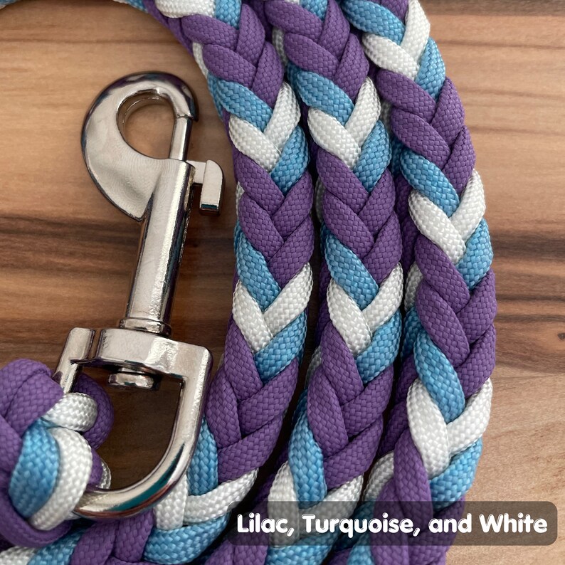 May include: A braided dog leash in lilac, turquoise, and white with a silver clip.