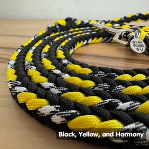 May include: Black, yellow, and white braided dog leash with a silver clasp and a tag that reads "Kira Jane Braids U".