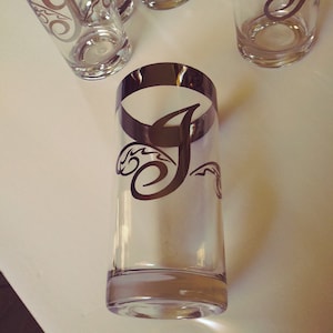 Vintage Dorothy Thorpe set of 6 Silver on Glass Monogram &quot;J”Midcentury Madmen Highball glasses