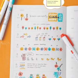 Puede incluir: Una página de planificador con ilustraciones y texto coloridos. La página incluye dibujos de flores, árboles, casas y animales. El texto incluye las palabras "birthday", "school meeting" y "LUNCH". También hay dos bolígrafos Mildliner.