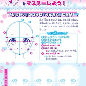 Puede incluir: Una página de un tutorial de arte manga japonés. La página presenta una ilustración detallada de una cara de manga con directrices e instrucciones etiquetadas en japonés. El título dice "¡Dominemos Rin-kaku!" en japonés.