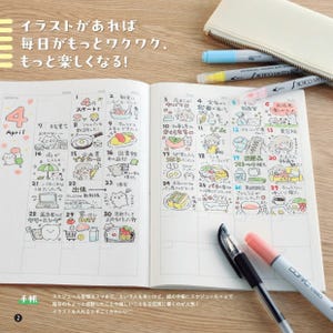 Puede incluir: Cuaderno abierto con un calendario mensual para abril, con ilustraciones dibujadas a mano y texto japonés. Incluye marcadores de colores y un estuche. El calendario está lleno de entradas y garabatos diarios.