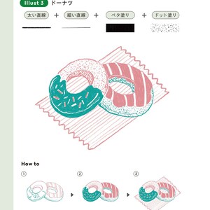 May include: A step-by-step illustration showing how to draw a donut with pink and green frosting. The illustration includes three steps: 1. Draw the outline of the donut, 2. Add the frosting and sprinkles, and 3. Add the texture of the paper napkin.