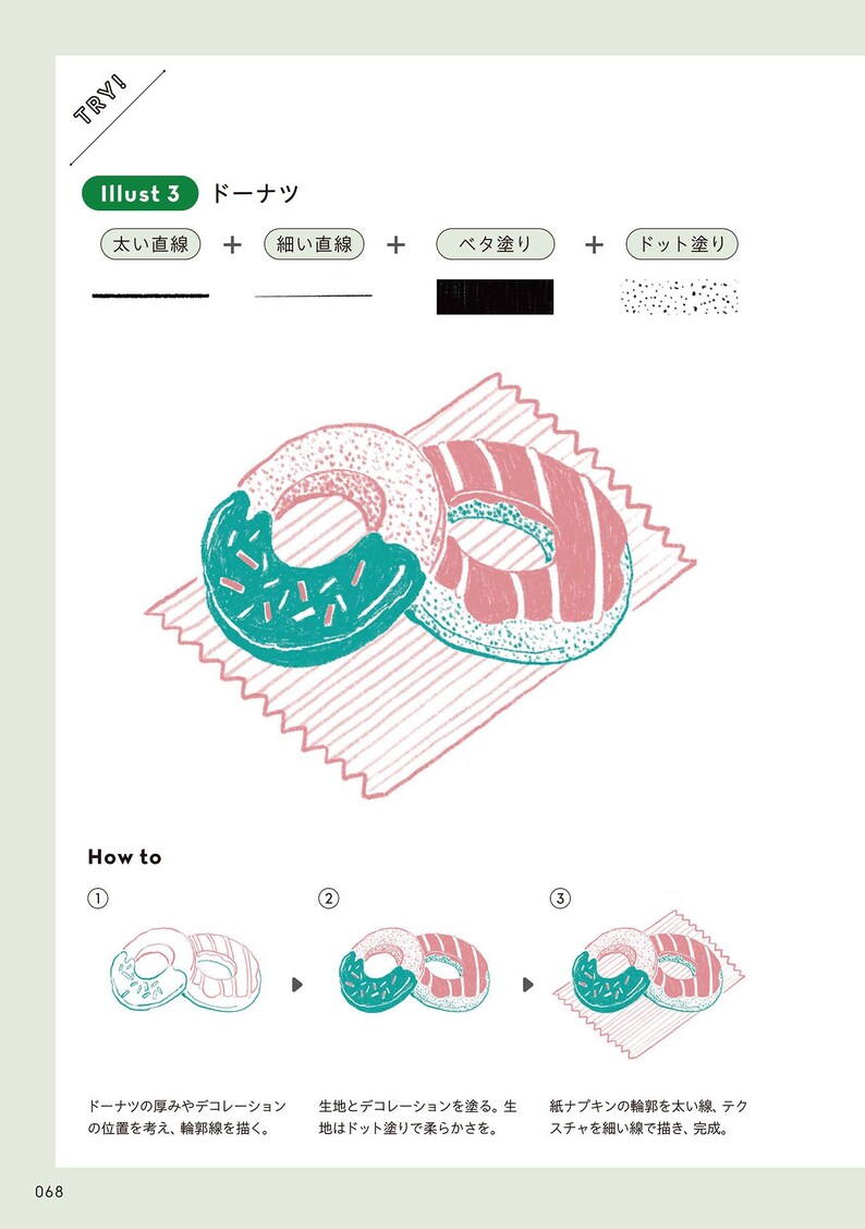 May include: A step-by-step illustration showing how to draw a donut with pink and green frosting. The illustration includes three steps: 1. Draw the outline of the donut, 2. Add the frosting and sprinkles, and 3. Add the texture of the paper napkin.
