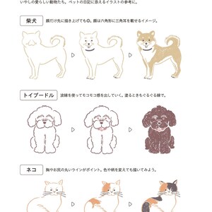 May include: A page from a Japanese book with illustrations of different pets. The page is titled "Pet" and features illustrations of a Shiba Inu, a poodle, and a cat. The illustrations are in black and white and show the different stages of drawing the animals.