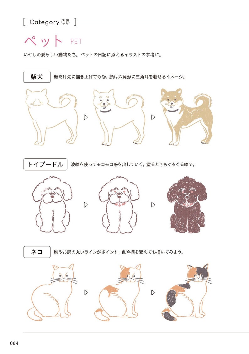 May include: A page from a Japanese book with illustrations of different pets. The page is titled "Pet" and features illustrations of a Shiba Inu, a poodle, and a cat. The illustrations are in black and white and show the different stages of drawing the animals.