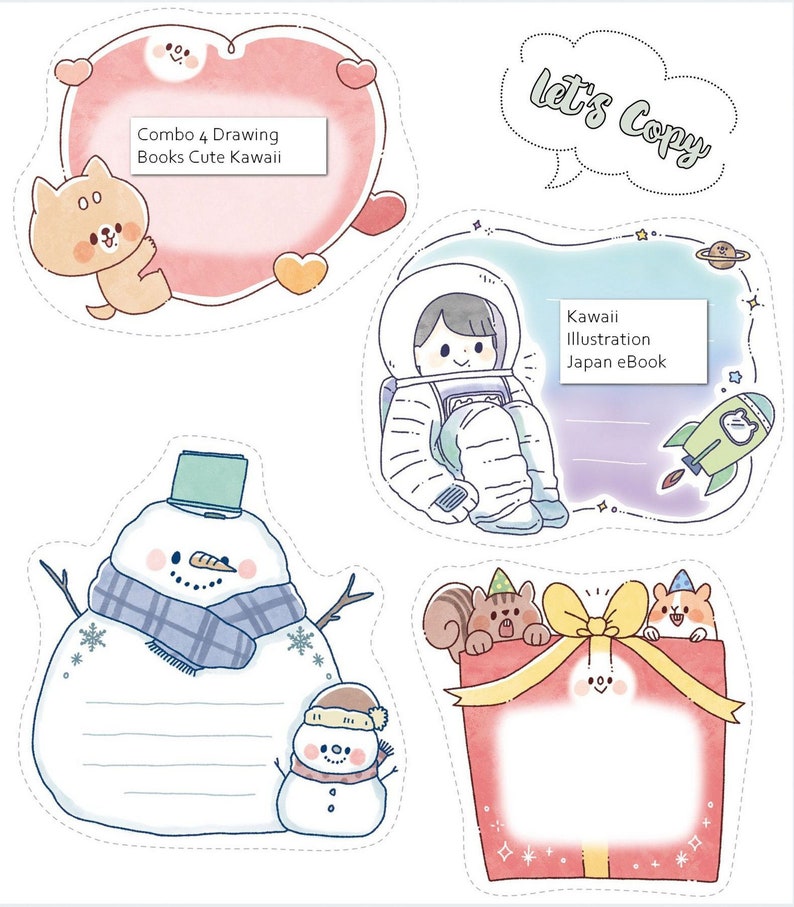 May include: Four printable sticker designs featuring a heart with the text "Combo 4 Drawing Books Cute Kawaii", a snowman with a scarf and a smaller snowman, a gift box with two squirrels peeking out, and an astronaut in space with the text "Kawaii Illustration Japan eBook".