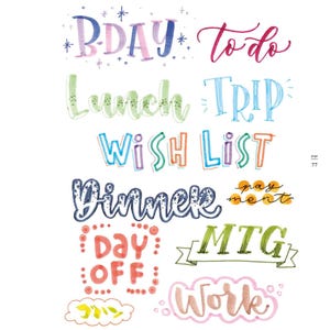Puede incluir: Palabras y frases coloridas escritas a mano, incluyendo "B-DAY", "to do", "Lunch", "TRIP", "WISH LIST", "Dinner", "pay ment", "Day OFF", "MTG" y "Work". Las palabras están en varios colores y estilos, perfectas para una agenda o diario.