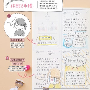 May include: A page from a Japanese diary notebook with a calendar, illustrations, and handwritten text. The calendar shows the month of May 2022. The illustrations include a cartoon character with a thought bubble, a laptop computer, and a candy wrapper. The handwritten text includes the words "Weekly To Do", "弱音を吐かない", "毎週木曜日", "ドラマ", "最近の生きがい", "主人公", "共感", "毎週", "こんな感じで", "大号", "今日は月曜日", "週の始まり", "仕事が忙しすぎてもう", "休みが恋しい", "目標", "弱音を吐かない", "意識して", "充実", "1週間", "打ち合わせ", "うまくいって", "よかったー", "HANAKIN", "金曜日", "最近話題", "居酒", "○○ちゃんと", "行きまして", "お酒", "飲んで", "最高", "だったな～", "絵日記手帳", "ムリせず楽しむ", "毎日書くのが大変なら", "後から振り返り", "数日に", "まとめて", "書いてもOK", "小さな出来事", "日記になる", "その日の天気", "食べたもの", "目にしたこと", "絵を", "添えれば", "なんでも", "トピック", "になるよ".