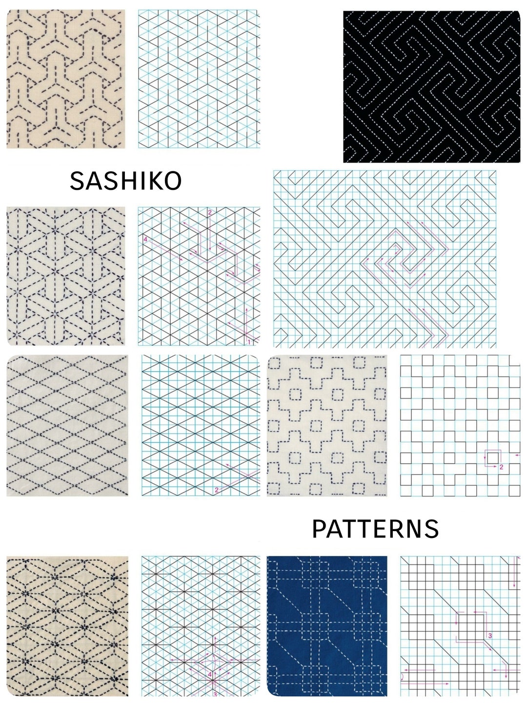 Sashiko Embroidery Japanese Patterns Set PDF Instant Download Digital  Printable 