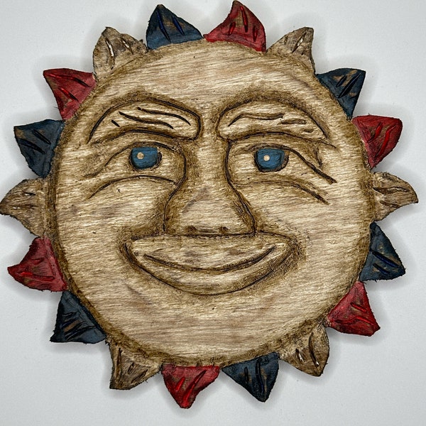 Carved Americana Sunshine in Wood, Vintage look American Sun, Sun ornament for wall, Hand carved Sun, Homemade Sun Sign