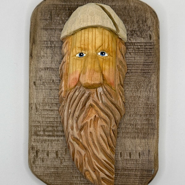 Hand carved Gnome, wall decor, mounted on pallet board, woodsy character