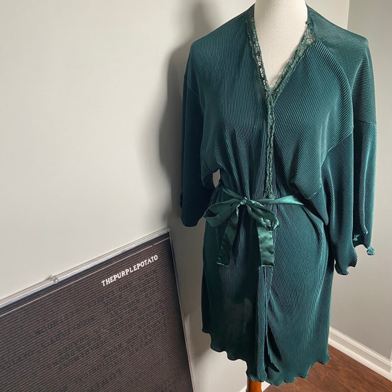 Vintage Val Mode Green Pleated Lace Robe with Wai… - image 1