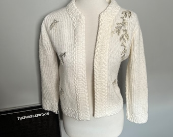 Vintage 1970s White Cream Knit Metallic Embroidered Pearl Open Cardigan