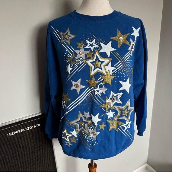 Vintage 80s/90s P.G.B. Blue & Gold Star Print Spa… - image 1