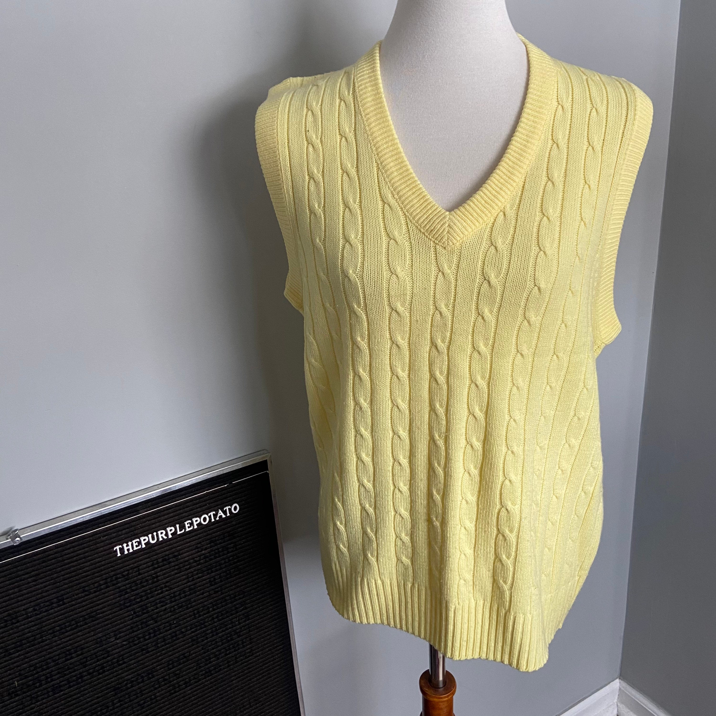 Vintage Sears Butter Yellow Cable Knit Sweater Vest Size L mens