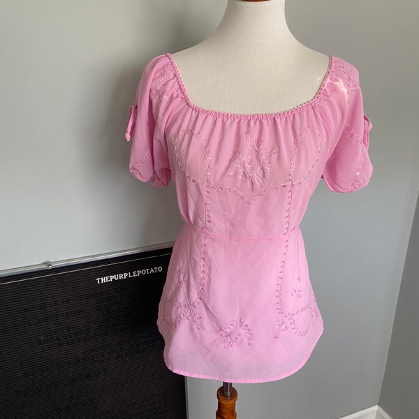 Vintage Y2K Fashion Bug Baby Pink Beaded Waist Tie Peasant Top Size S