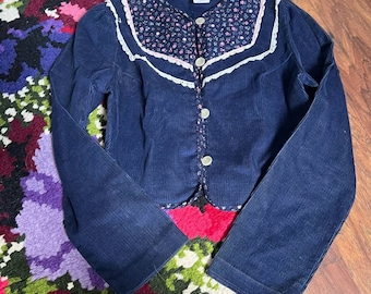 Vintage 1980s Bryan & Co. Navy Blue Floral Corduroy Blazer Size 10 Girls