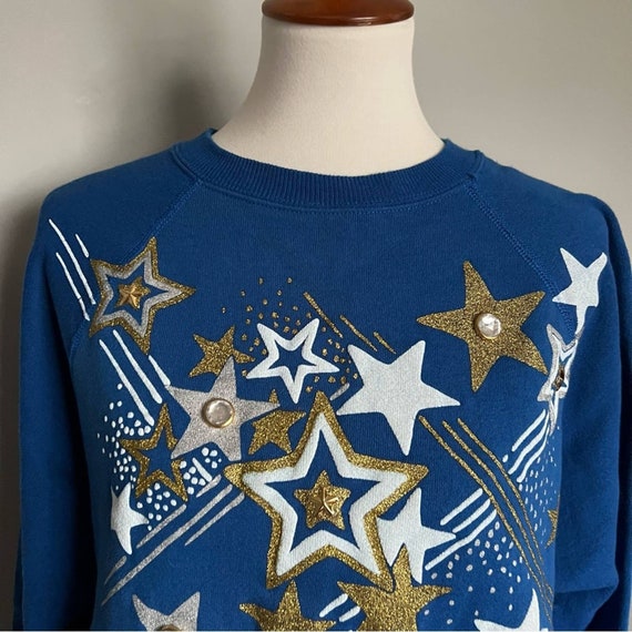 Vintage 80s/90s P.G.B. Blue & Gold Star Print Spa… - image 2