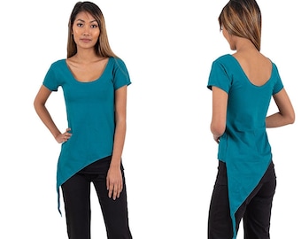 May include: A teal asymmetrical top with short sleeves and a scoop neck. The top is paired with black trousers.