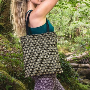 Cotton Canvas Tote Bag, Sacred Geometry shoulder bag, Flower of Life Print, Stylish Heavy Duty Hidden Pocket, Gold Design, Ekeko Crafts
