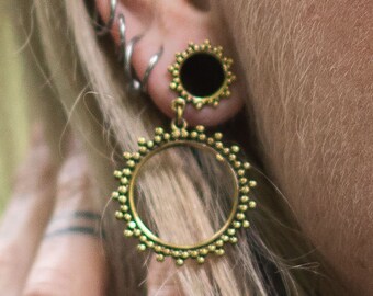 Gold Tribal Ear Tunnel with Dangle Ring: Mandala Plug Earrings