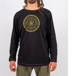 Men's Yoga Shirt: Sri Yantra Sacred Geometry Print, 100% Cotton Black