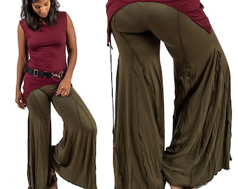 May include: A pair of olive green wide-leg pants with a burgundy and gold patterned overlay. The pants have a loose, flowing fit and are made of a soft, comfortable fabric.