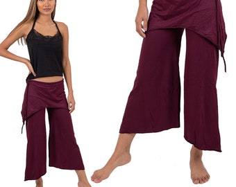 Yoga and Dance Clothing, Palazzo Capri Flow Pants, Wide Leg Gaucho Trousers, Pixie Festival Clothes, Skirtbelt, Pointy, Boho 3/4 length crop