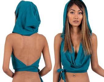 Elven Hooded Crop Top: Boho Festival Cotton Cowl Wrap