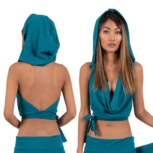 Elven Hooded Crop Top: Boho Festival Cotton Cowl Wrap