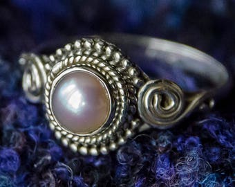 Sterling Silver Pearl Ring: Boho Indian Tribal Jewelry