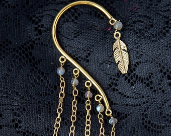 Labradorite Gemstone, Gold Brass Nickel Free Ear Cuff, Drop Leaf Gold Chain Design, Boho Chic Woodland Fairy Goddess Costume, Ekeko Crafts