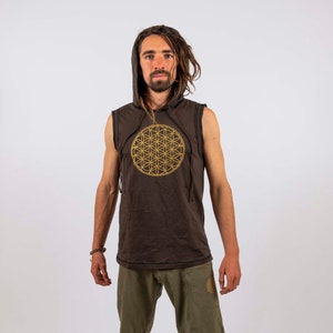 Flower of Life Sleeveless Hoodie, Urban Streetwear, Sacred Geometry Printed Clothing, Mens Festival Wear, Burner Style, Yoga Shirt, image 1